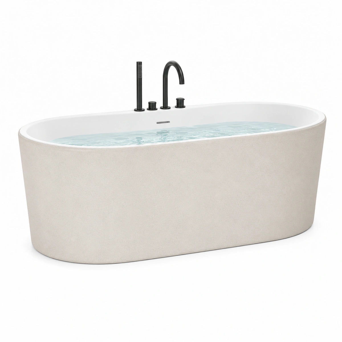 Freistehende Badewanne 170 x 80 x 58 cm aus Mineralguss Beige mit schwarzer Standarmatur