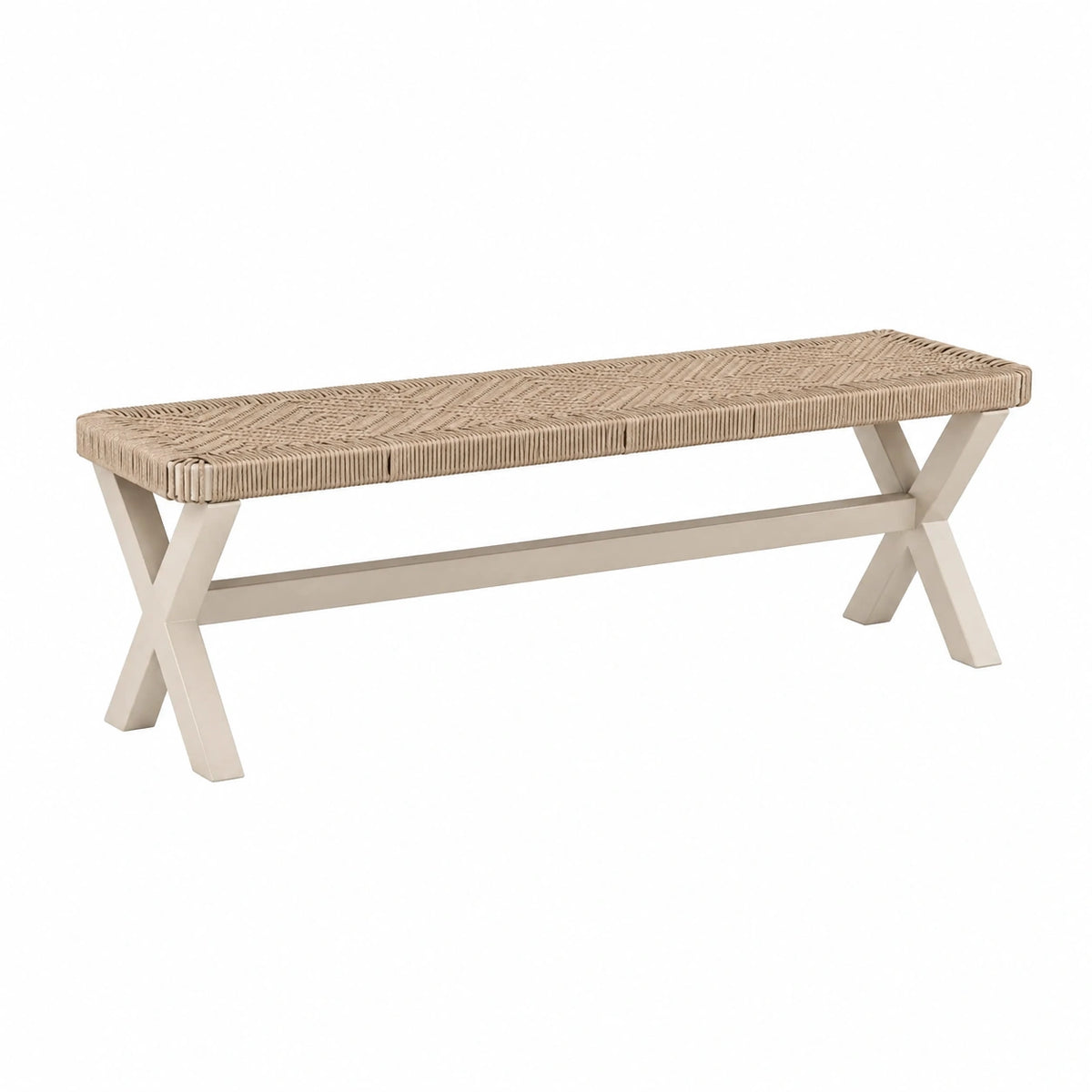 Sitzbank 120 x 35 x 45 cm aus Holz Beige Weiß - geflochtene Sitzfläche im Landhausstil