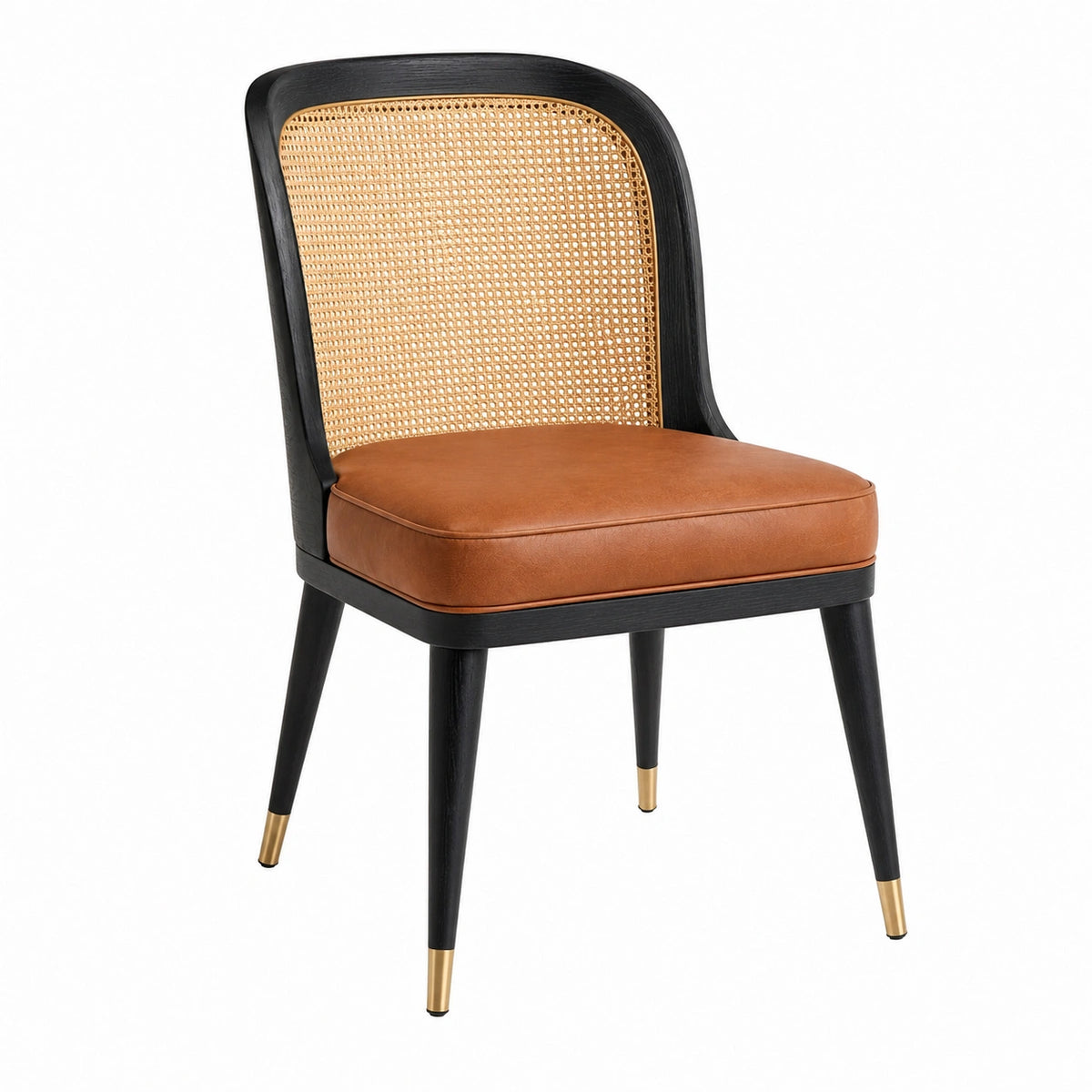 Esszimmerstuhl 55 x 60 x 86 cm mit Holzgestell Geflecht Rückenlehne und braunem Kunstleder Sitz im Retro Stil